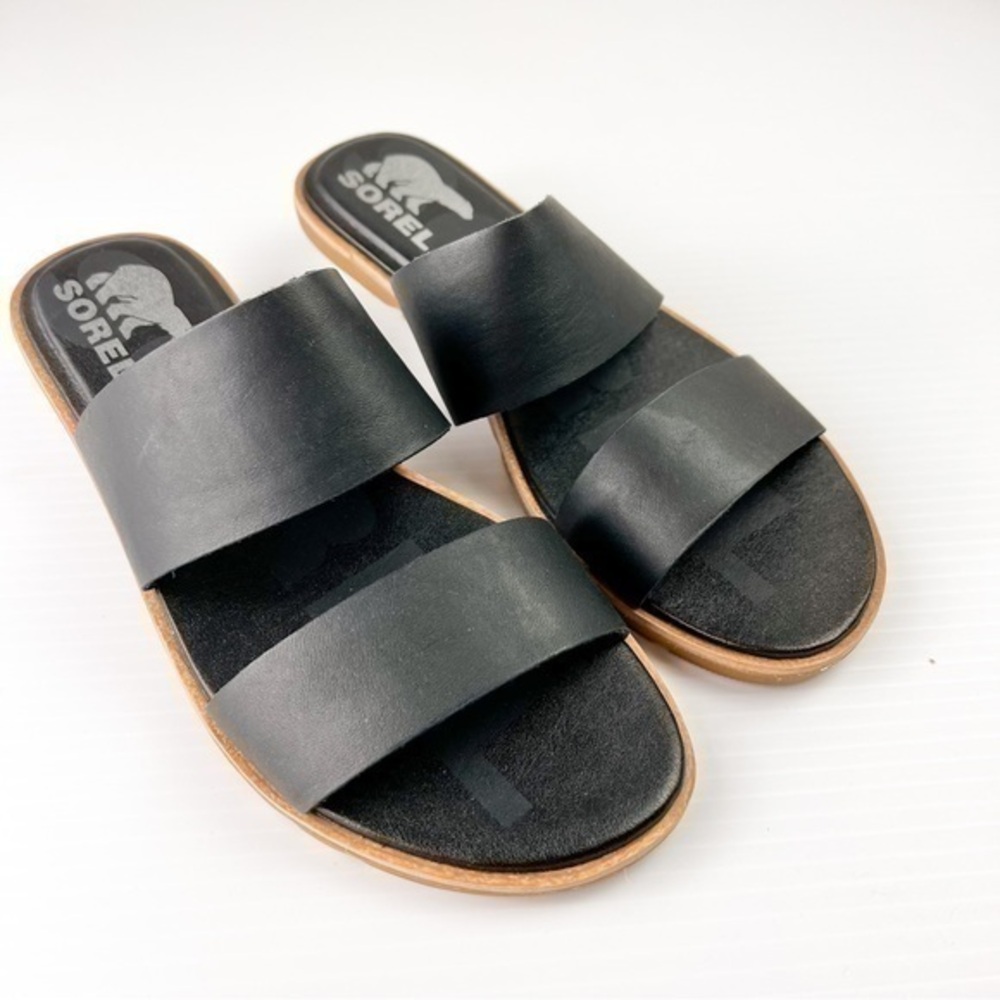 Sorel Ella II Slide Sandals Black Leather Double Strap womens size 7.5